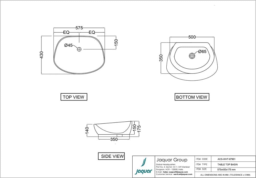 JAQUAR ARC COUNTER TOP BASIN ACS-WHT-87901-WHITE