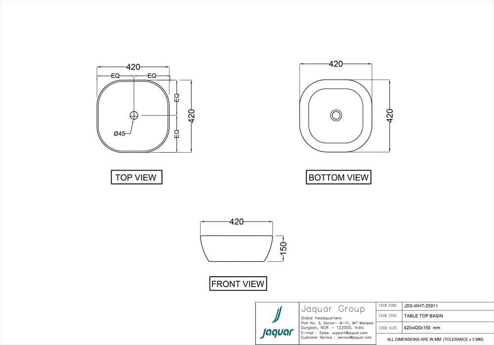 JAQUAR JDR THIN RIM TABLE & COUNTER TOP BASIN JDS-BEM-25911-BEIGE MATT