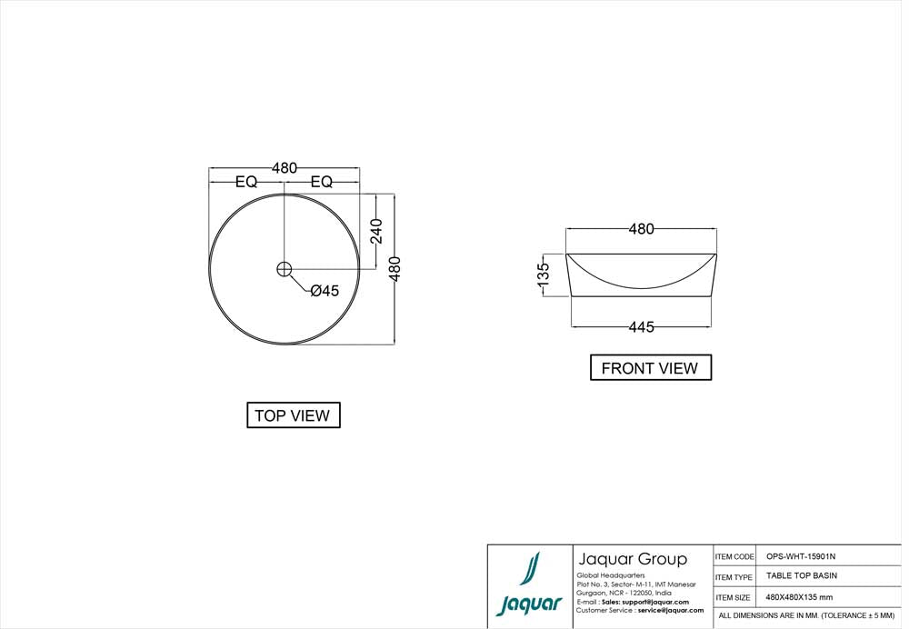 JAQUAR OPAL THIN RIM TABLE & COUNTER TOP BASIN OPS-WHT-15901N-WHITE