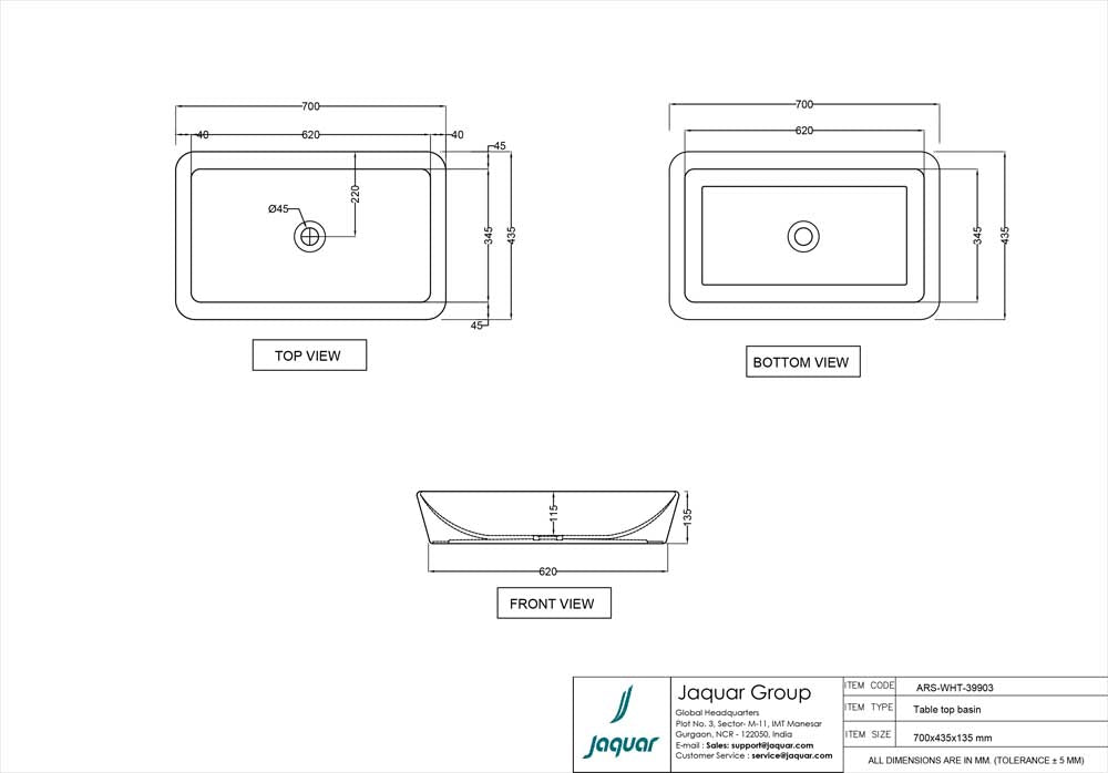 JAQUAR ARIA TABLE TOP BASIN ARS-WHT-39903-WHITE