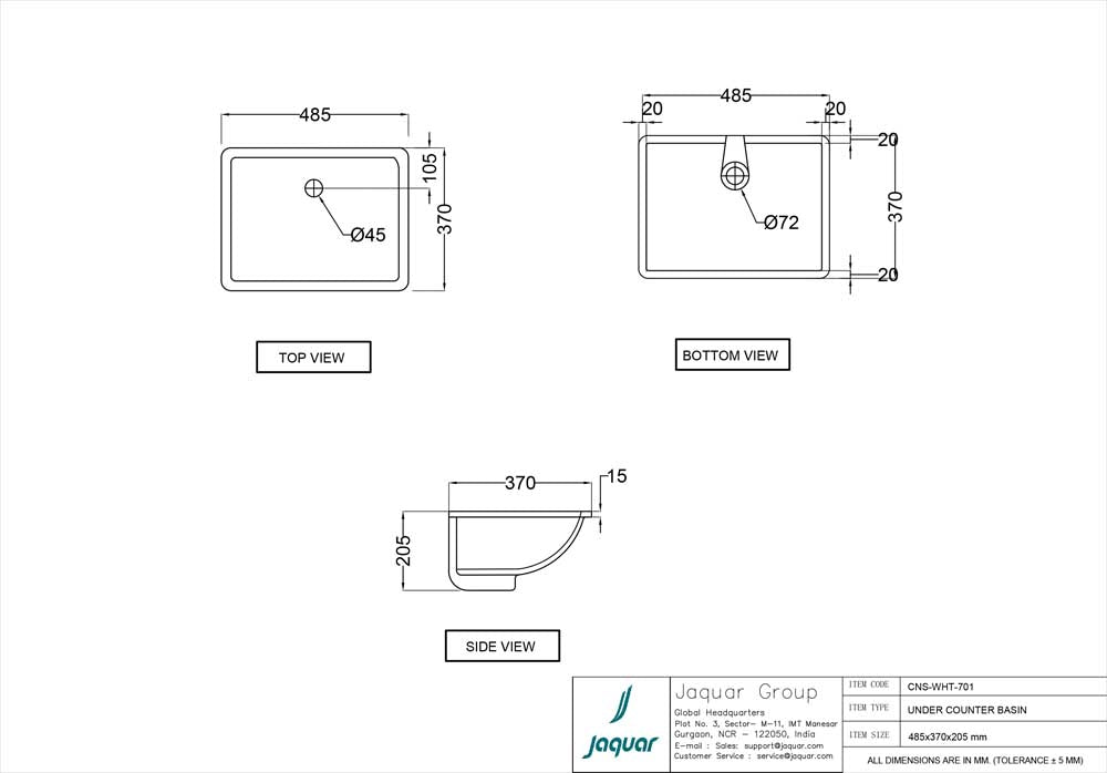JAQUAR CONTINENTAL SERIES UNDER COUNTER WASH BASIN CNS-WHT-701-WHITE