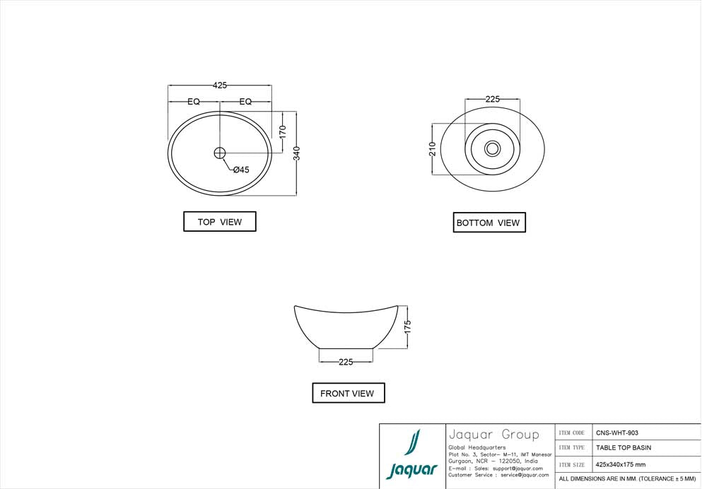 JAQUAR CONTINENTAL SERIES TABLE TOP WASH BASIN CNS-WHT-903-WHITE