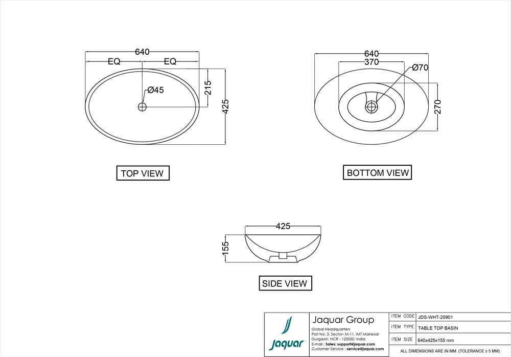 JAQUAR JDR TABLE TOP BASIN JDS-WHT-25901-WHITE