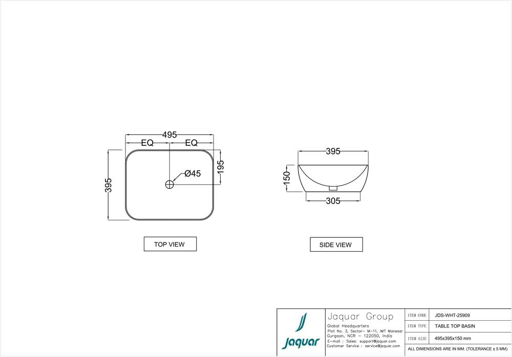 JAQUAR JDR THIN RIM TABLE & COUNTER TOP BASIN JDS-WHT-25909-WHITE