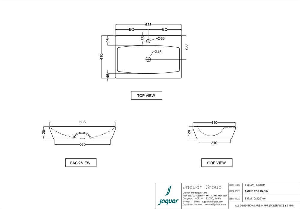 JAQUAR LYRIC THIN RIM TABLE TOP BASIN LYS-WHT-38931-WHITE