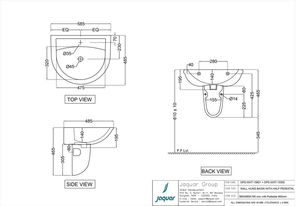 JAQUAR OPAL WALL HUNG INTEGRATED BASIN OPS-WHT-15803-WHITE