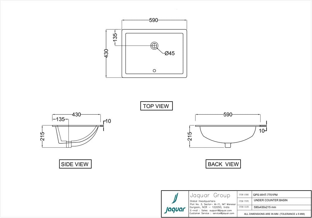 JAQUAR QUEEN'S PRIME SANITARYWARE UNDER COUNTER WASH BASIN QPS-WHT-7701PM-WHITE