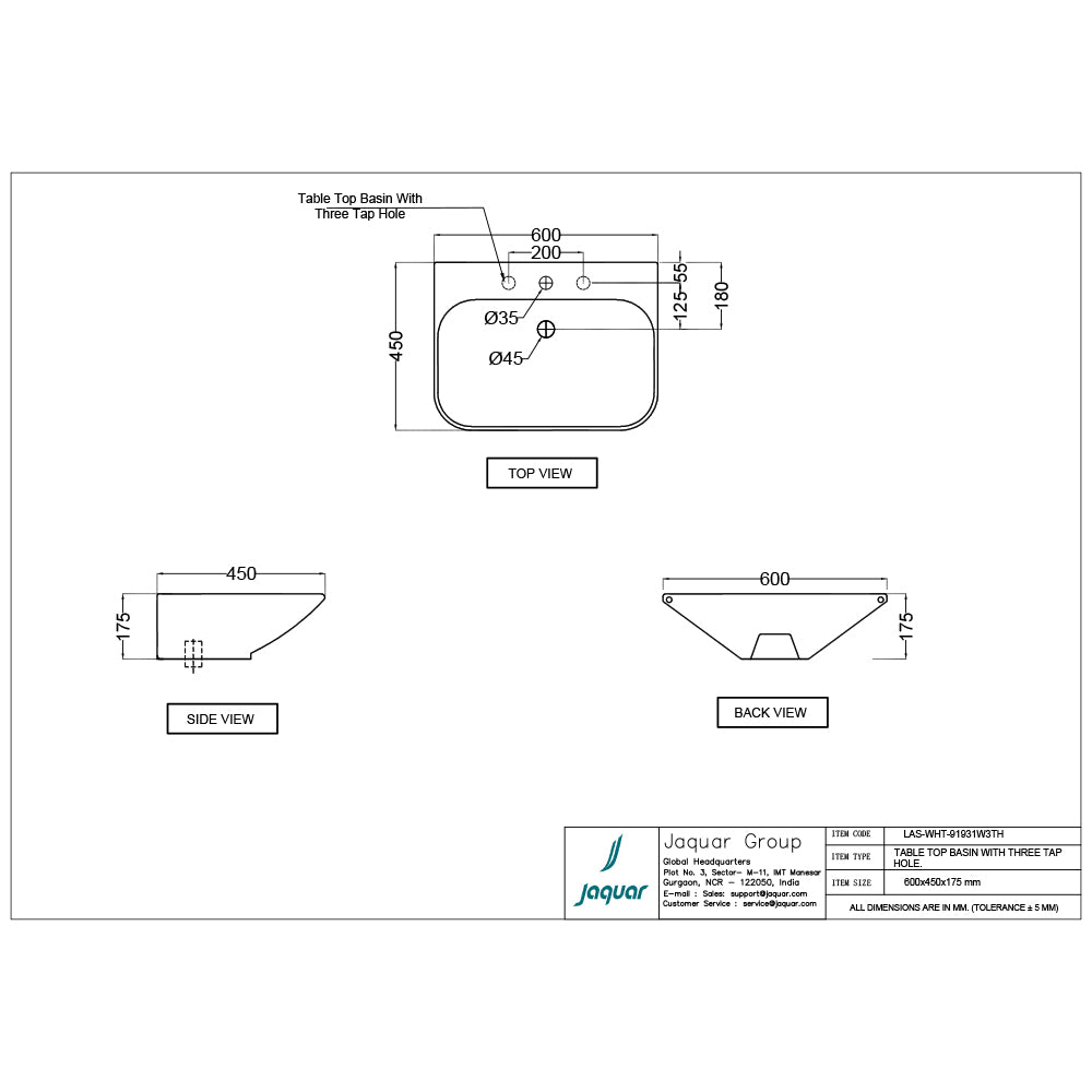 JAQUAR LAGUNA TABLE TOP BASIN WITH THREE TAP HOLE LAS-WHT-91931W3TH-WHITE