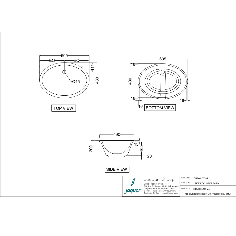 JAQUAR CONTINENTALSERIES UNDER COUNTER WASH BASIN CNS-WHT-705-WHITE