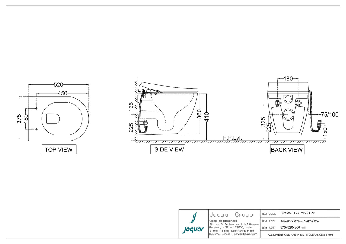 JAGUAR WALL MOUNTED RIMLESS WC SANIPURE SPS-WHT-307953BIPP WITH MANUAL BIDET