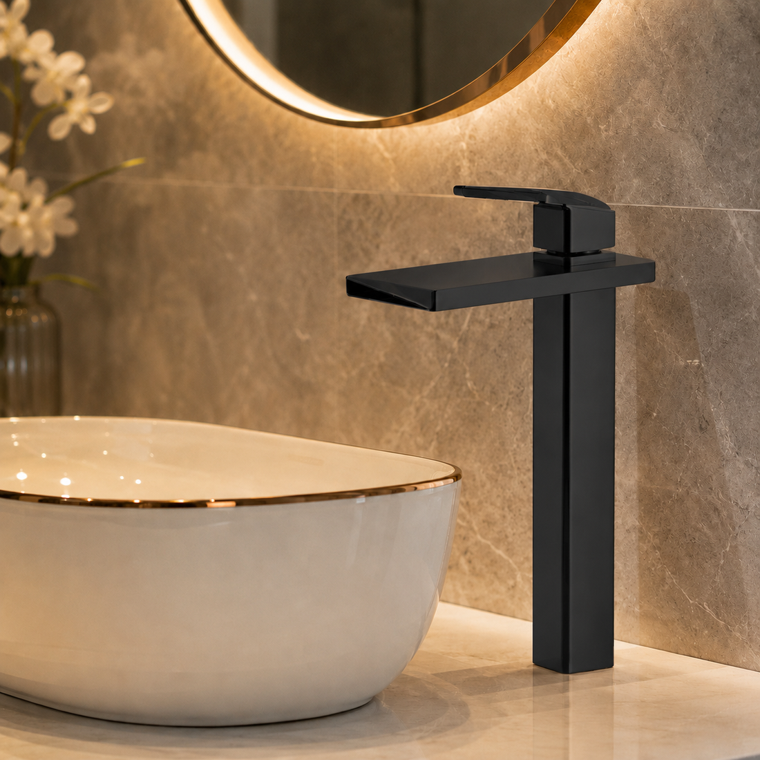 SCUBA HIGH NECK PILLAR COCK WITH WATERFALL FAUCET SC-3121 BLM-BLACK MATT