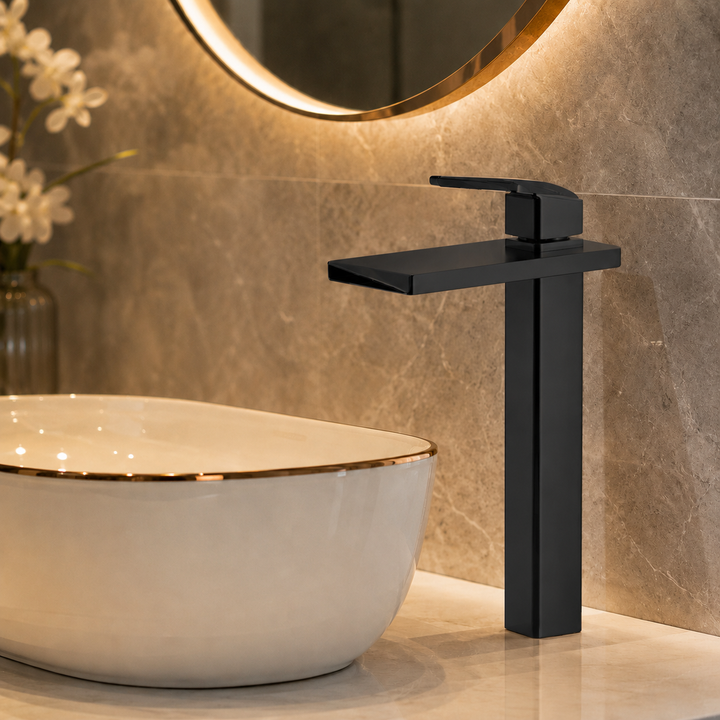 SCUBA HIGH NECK PILLAR COCK WITH WATERFALL FAUCET SC-3121 BLM-BLACK MATT