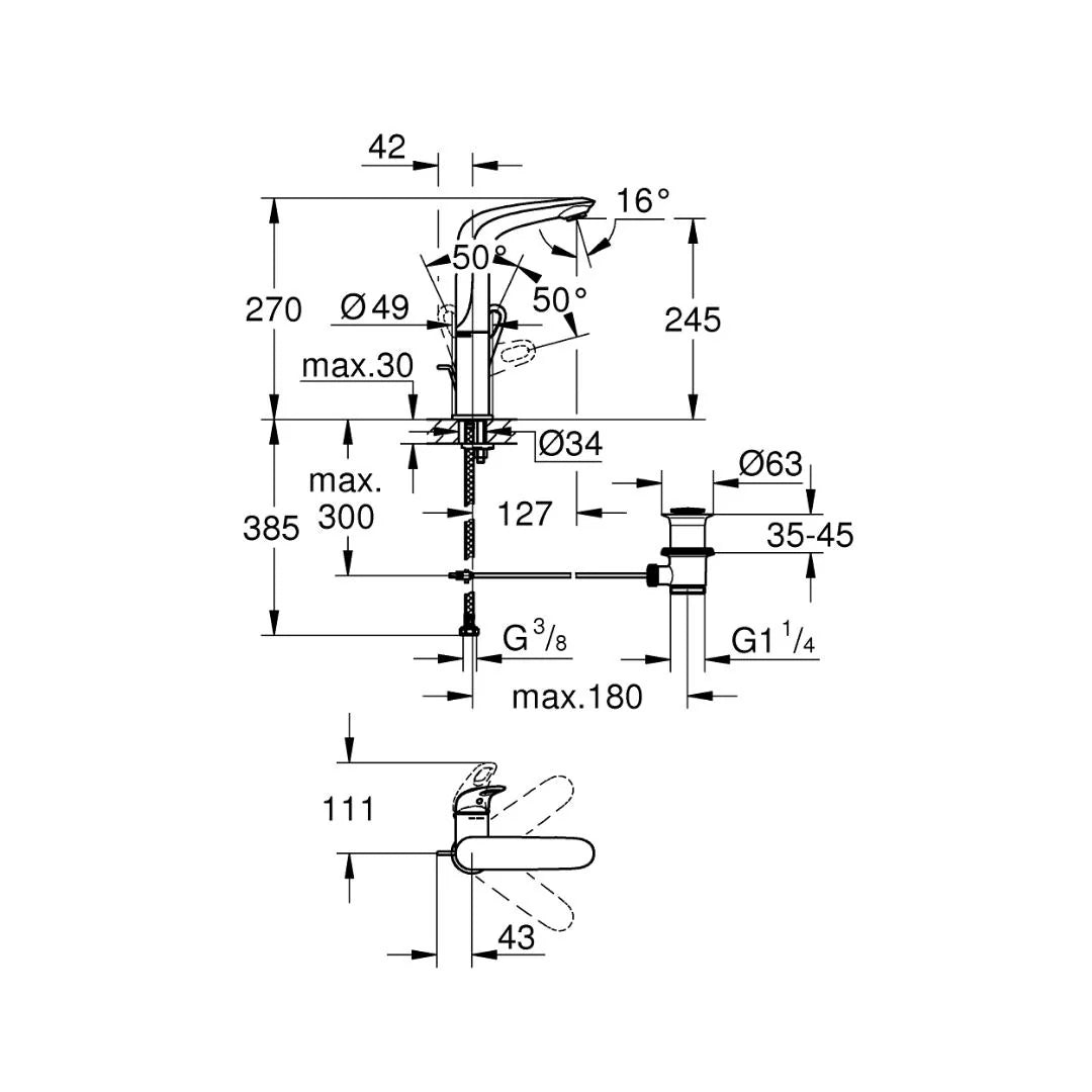 Grohe Table Mounted Tall Boy Basin Mixer Eurostyle Loop 23569LS3 - Moon White Chrome