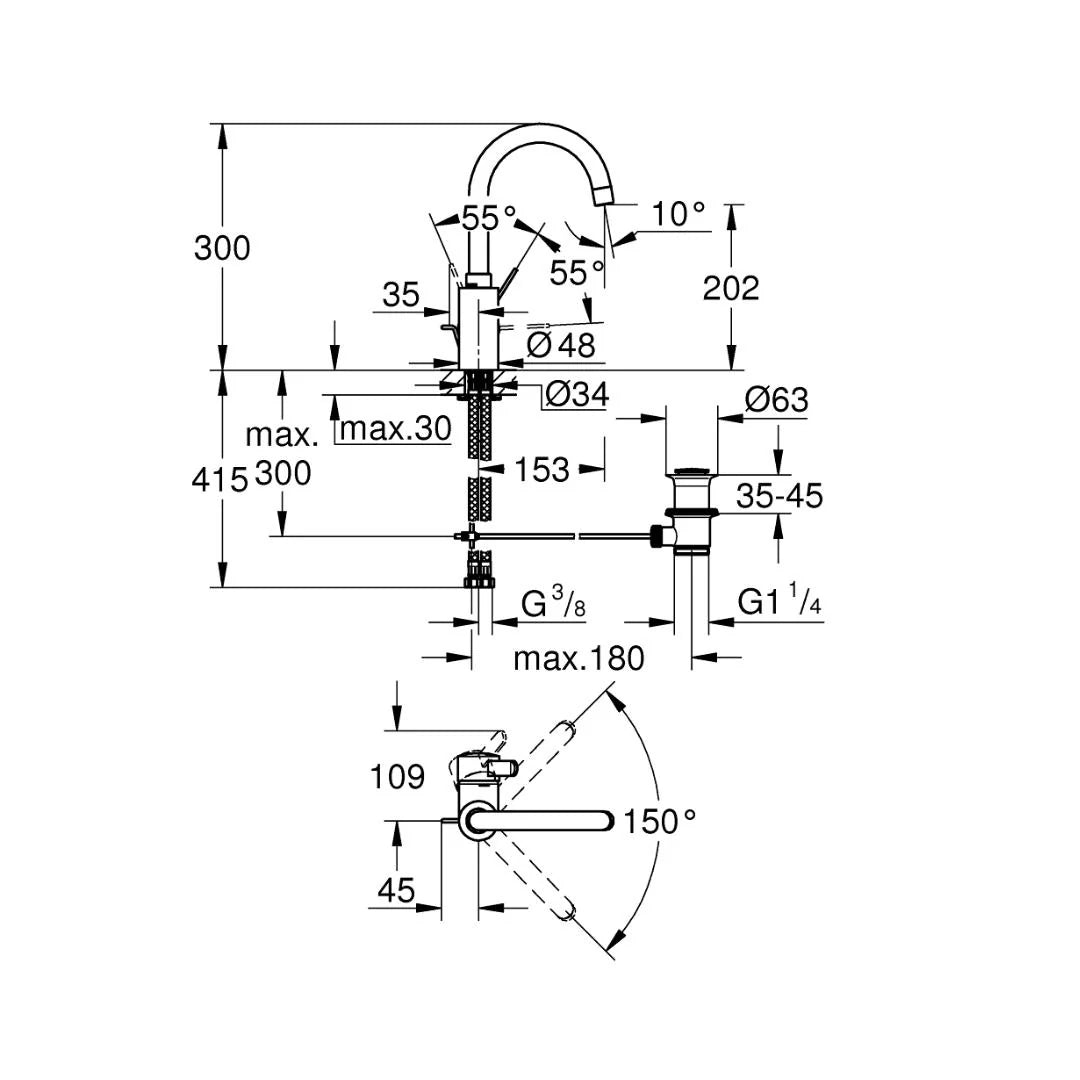 Grohe Table Mounted Tall Boy Basin Mixer Eurosmart Cosmopolitan 32830001 - Chrome