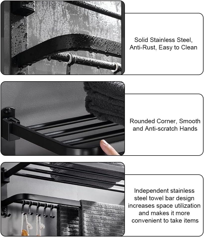 Quakin Matte Black Folding Towel Rack SS 304  for Bathroom (24 Inch- Black Finish)