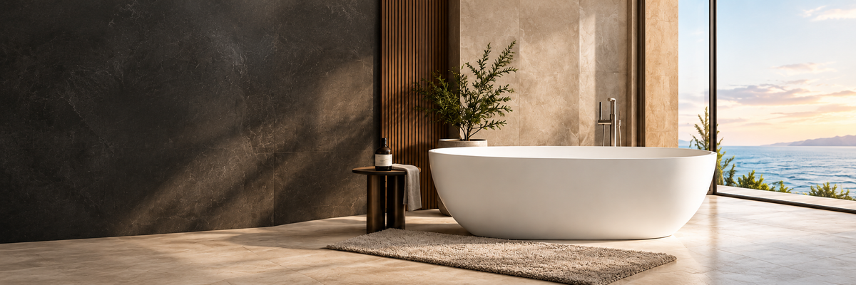 Luxury bathroom interior with natural stone and premium fittings