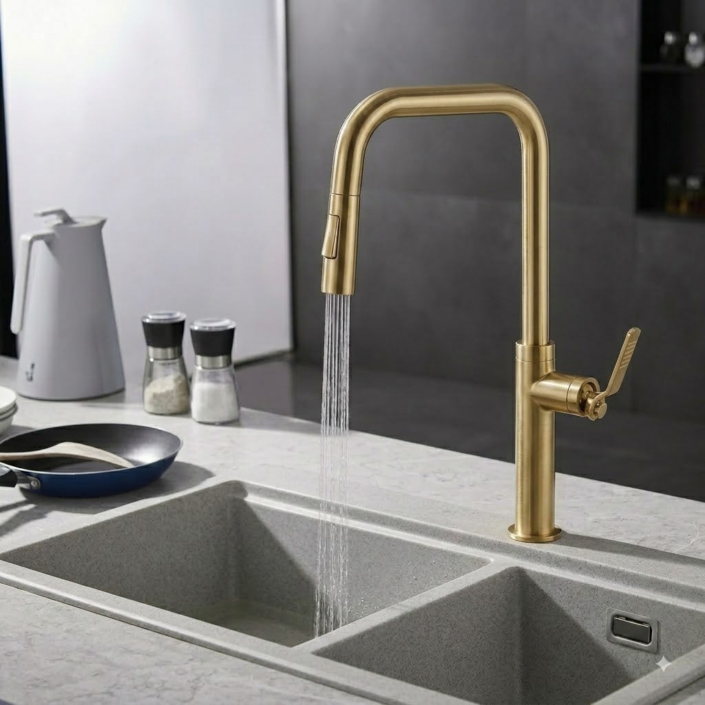 SERVEO REGALIA SERIES TABLE MOUNTED PULL OUT BRASS KITCHEN MIXER SV6906-BRUSH GOLD