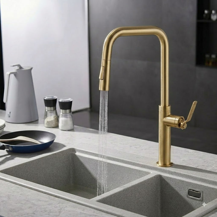SERVEO REGALIA SERIES TABLE MOUNTED PULL OUT BRASS KITCHEN MIXER SV6906-BRUSH GOLD