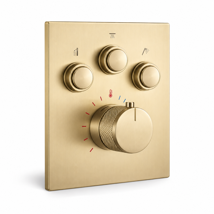 SERVEO AURA SERIES 3 WAY MULTI-FUNCTION THEERMOSTATIC CLICK BUTTON HIGH FLOW DIVERTER SV923A-BG-BRUSH GOLD