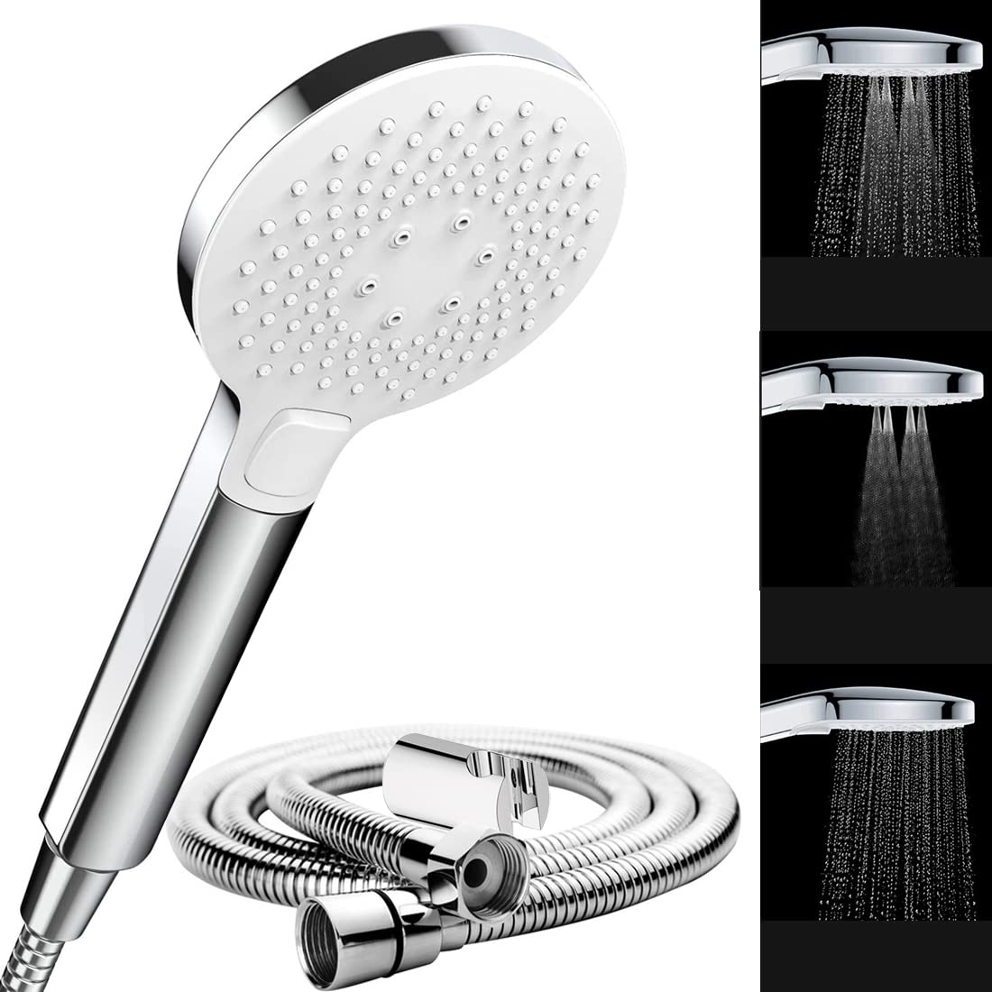Quakin ABS 3-Function Chrome Finish Polished Hand Shower with 1.5 Meter Flexible Tube and Wall Hook (Silver)