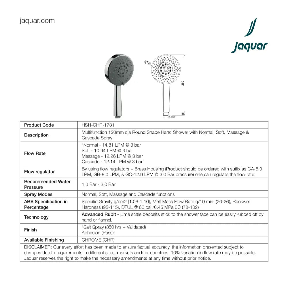 Jaquar ABS Body Round Hand Shower -120 mm, Chrome finish