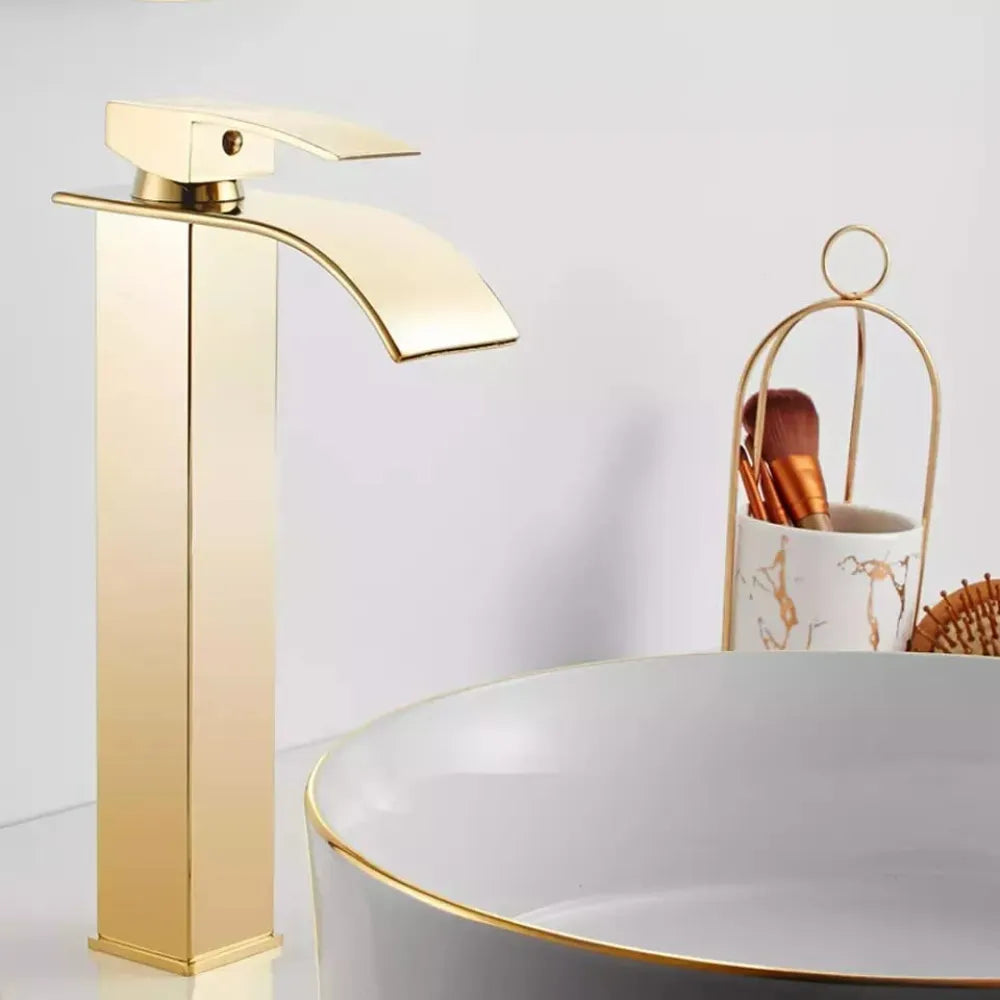 Quakin Brass Cascade Fall Antique Single Lever Basin Mixer with Hot & Cold Connection Hoses, Tall Size, Polished Finish