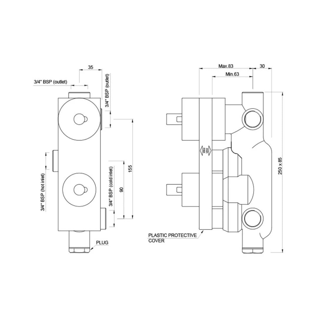 Jaquar 2 Way Thermostatic Diverter Valve Aquamax ALD-CHR-681 - Chrome