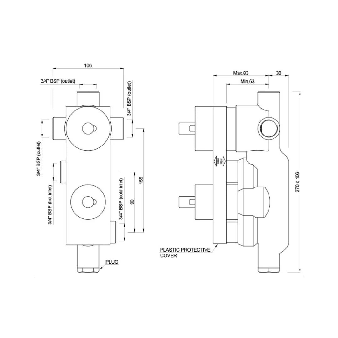 Jaquar 3 Way Thermostatic Diverter Valve Aquamax ALD-CHR-683 - Chrome
