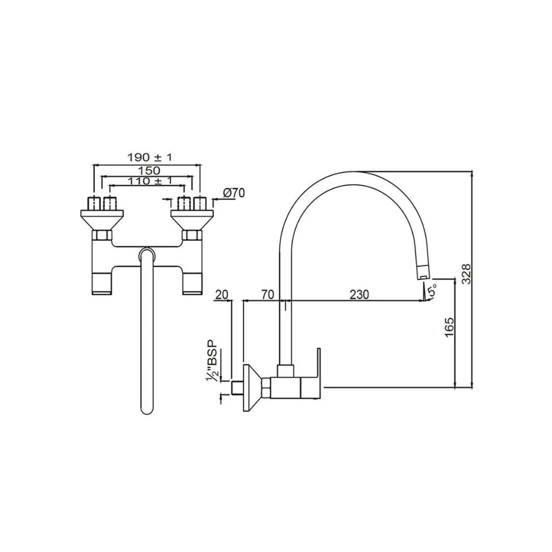 Jaquar Wall Mounted Regular Kitchen Sink Mixer Aria ARI-39309 with Swinging Spout in Chrome Finish