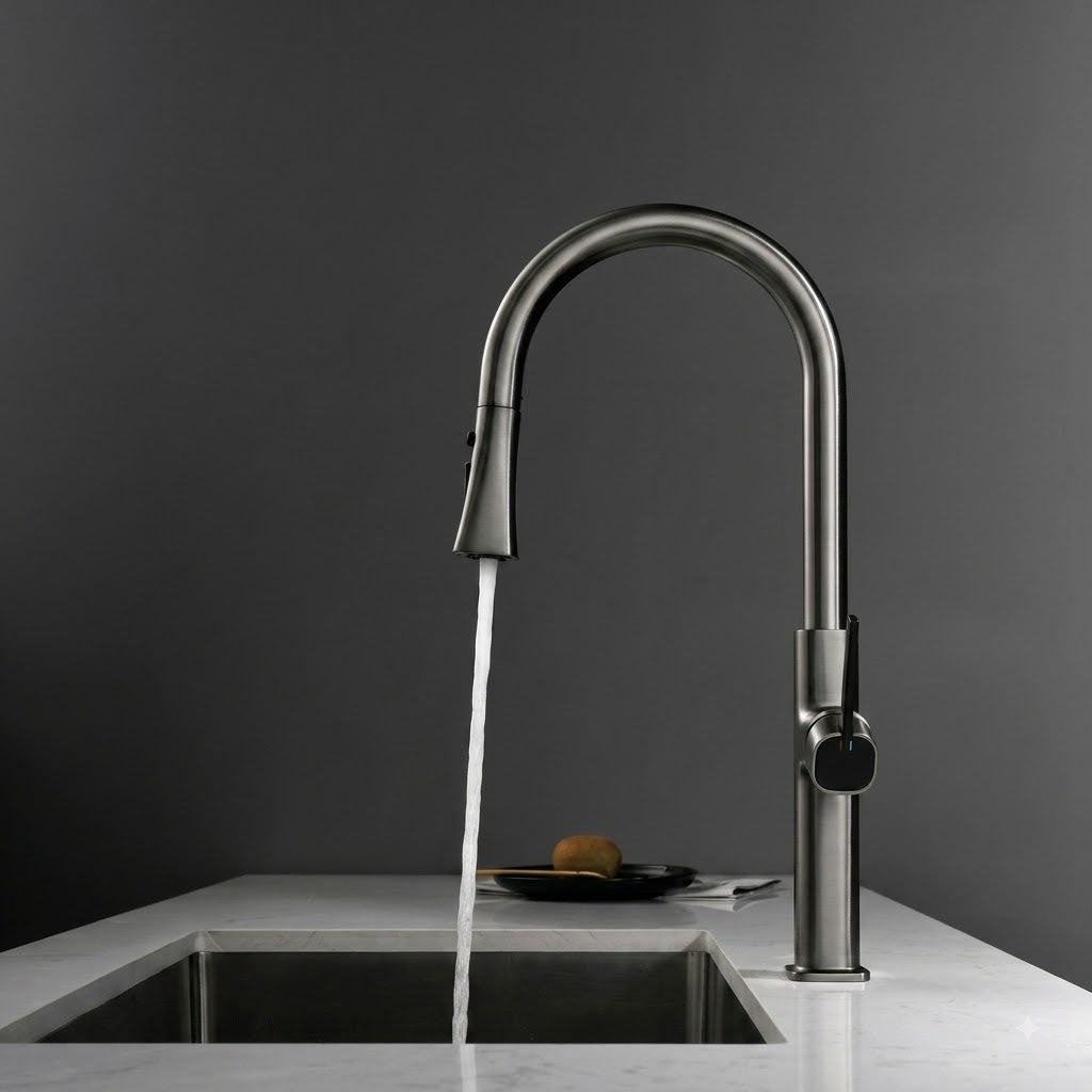 SERVEO CROWN SERIES TABLE MOUNTED PULL OUT BRASS KITCHEN MIXER SV6907-GUN METAL