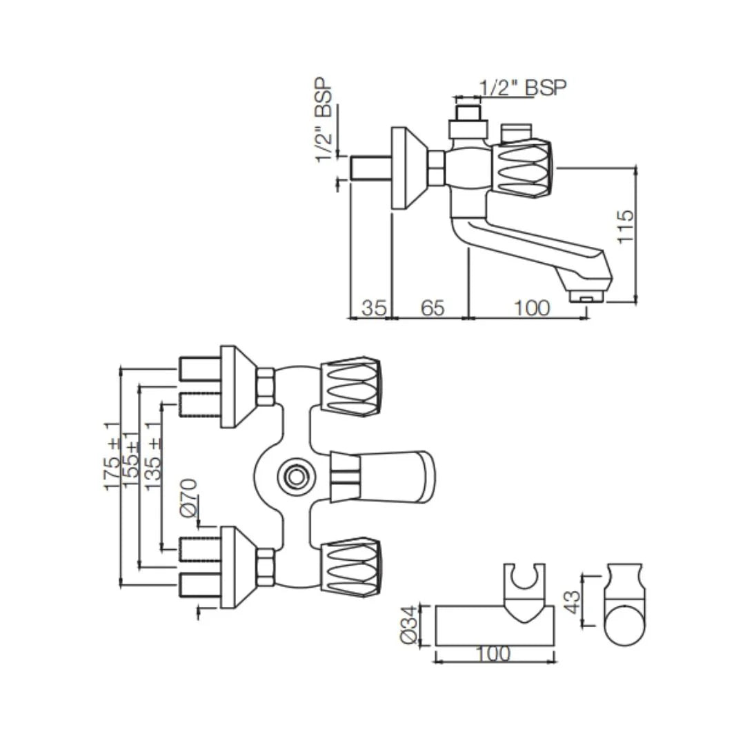 Jaquar 2 Way Wall Mixer Continental CON-CHR-267KN Normal Flow - Chrome Finish