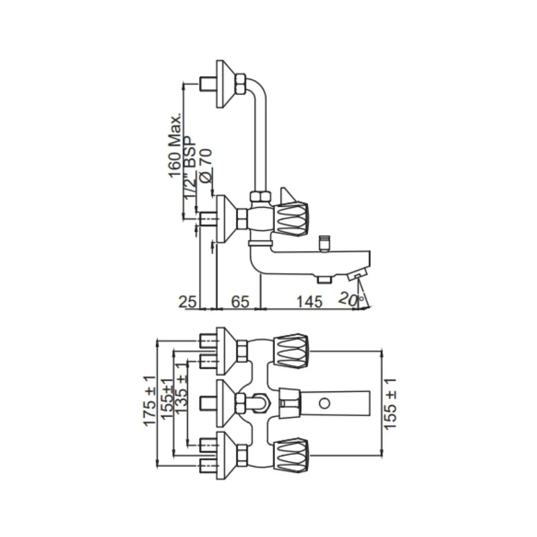 Jaquar 3 Way Wall Mixer Continental CON-CHR-281KN Normal Flow - Chrome Finish