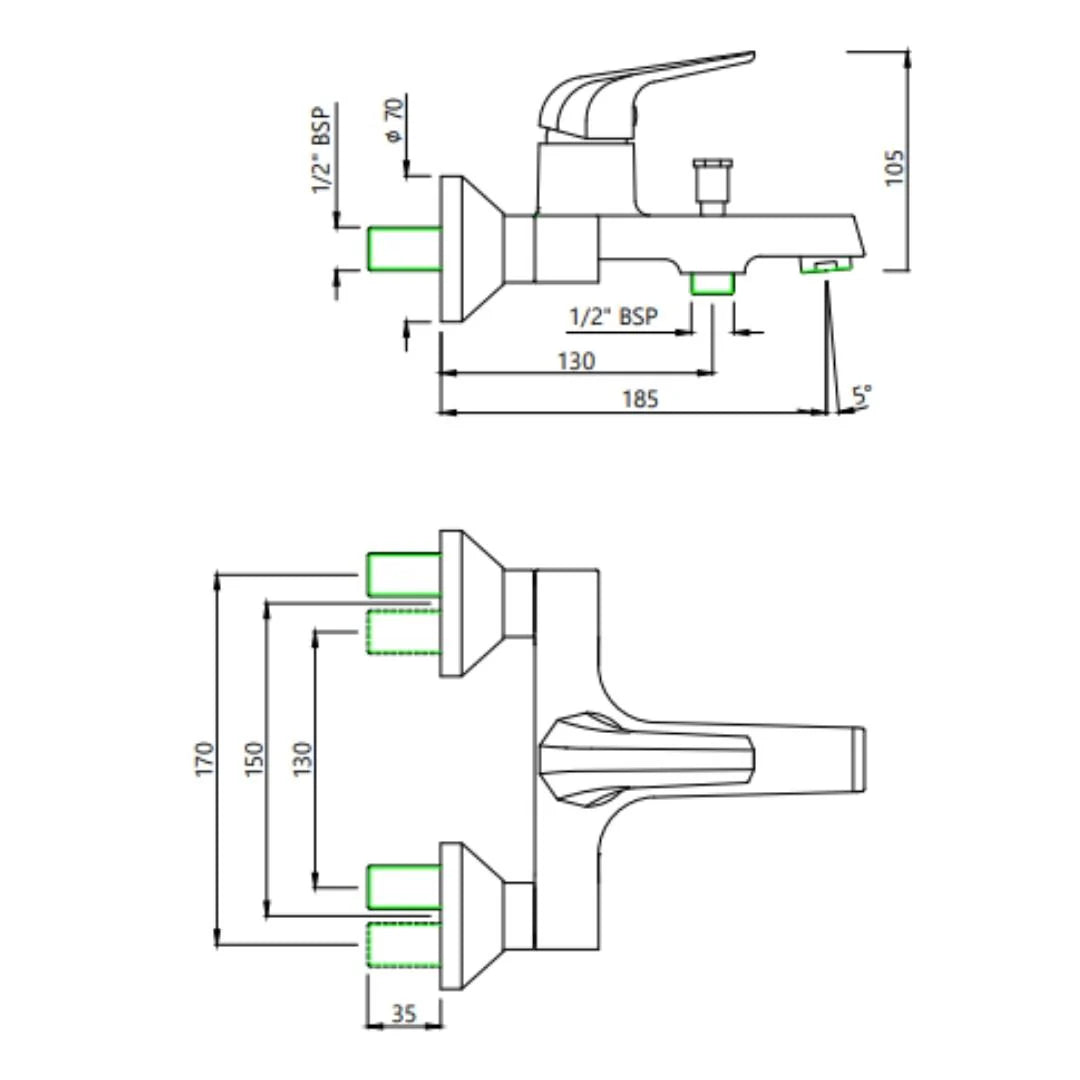Jaquar 2 Way Wall Mixer Continental Prime COP-CHR-119PM Normal Flow - Chrome Finish