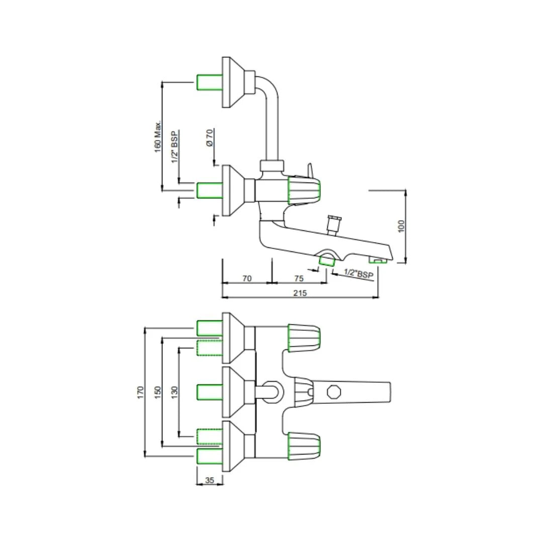 Jaquar 3 Way Wall Mixer Continental Prime COP-CHR-281PM Normal Flow - Chrome Finish