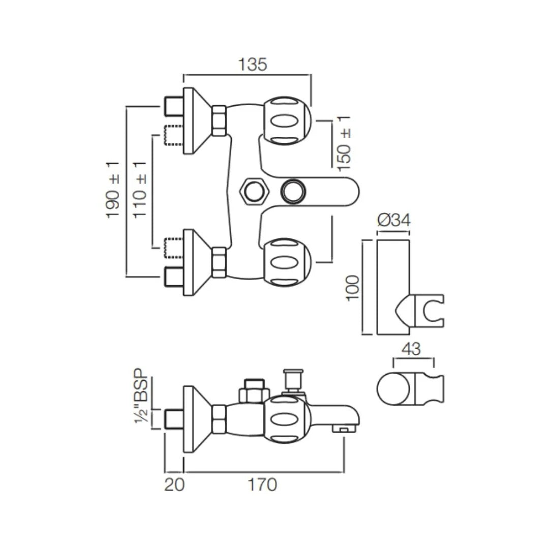 Jaquar 2 Way Wall Mixer Clarion CQT-CHR-23267 Normal Flow - Chrome Finish