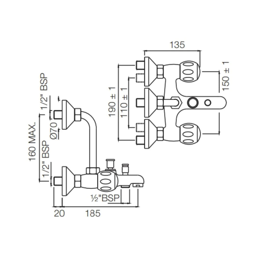 Jaquar 3 Way Wall Mixer Clarion CQT-CHR-23281UPR Normal Flow - Chrome Finish