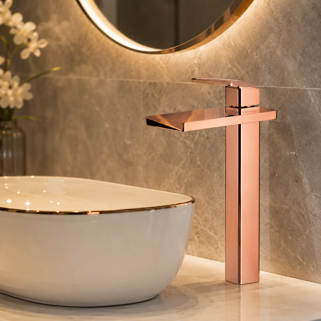 SCUBA HIGH NECK PILLAR COCK WITH WATERFALL FAUCET SC-3121 RG-ROSE GOLD