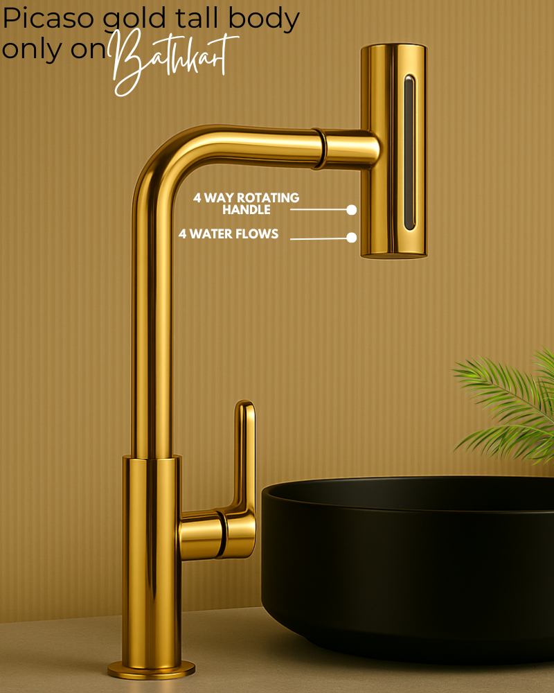 Picaso 4 Way 12" Tall Body Pillar Cock Tap- Gold