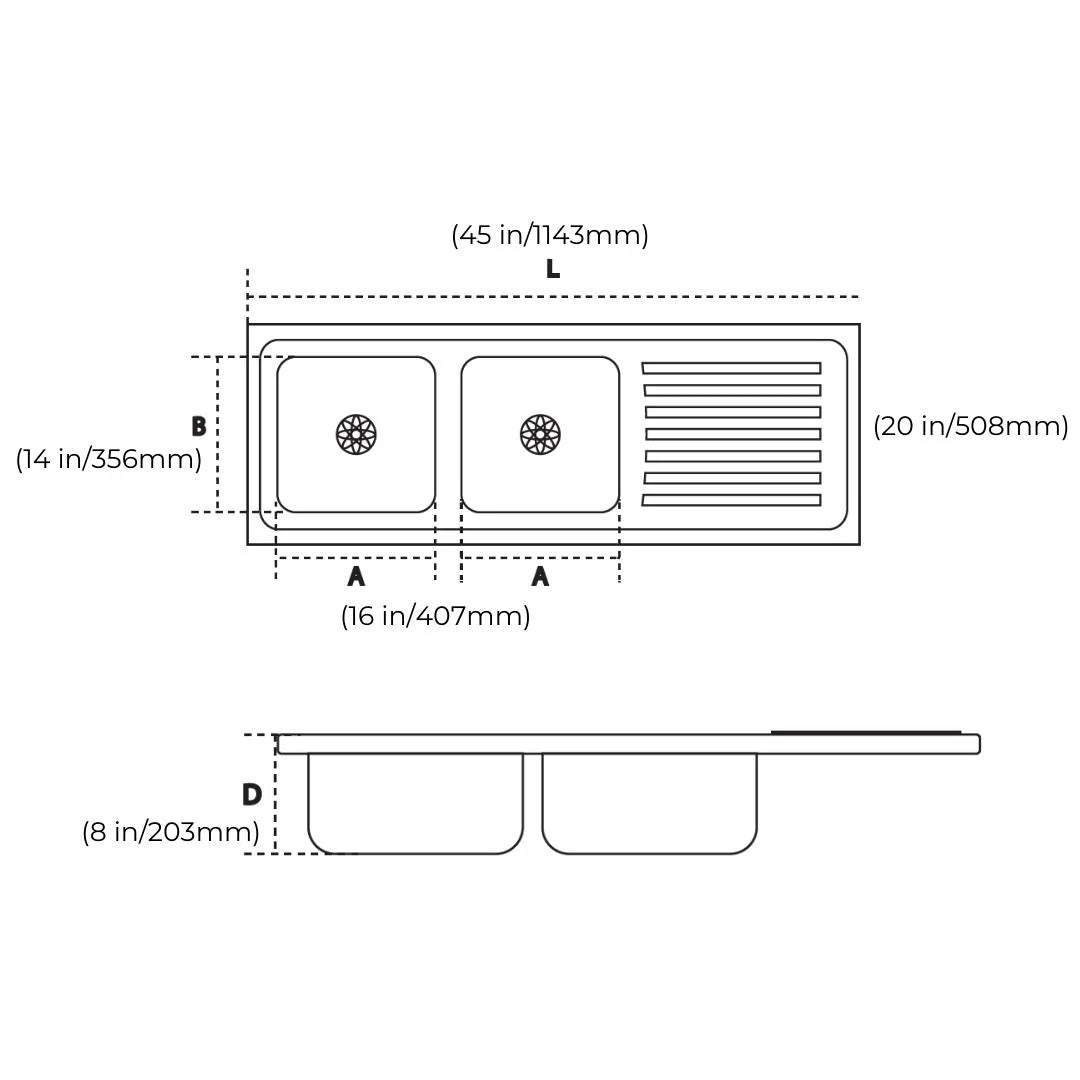 Hindware Stainless Steel Sink Pressed Series DOUBLE BOWL WITH DRAINER ENRICO 45 x 20 x 8 ( 45 x 20 inches ) - Matt