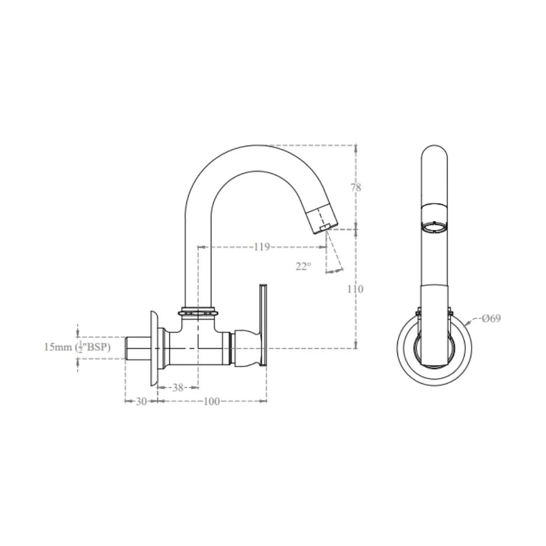 Cera Wall Mounted Regular Kitchen Sink Tap Titanium F1003251 with Swinging Spout in Chrome Finish
