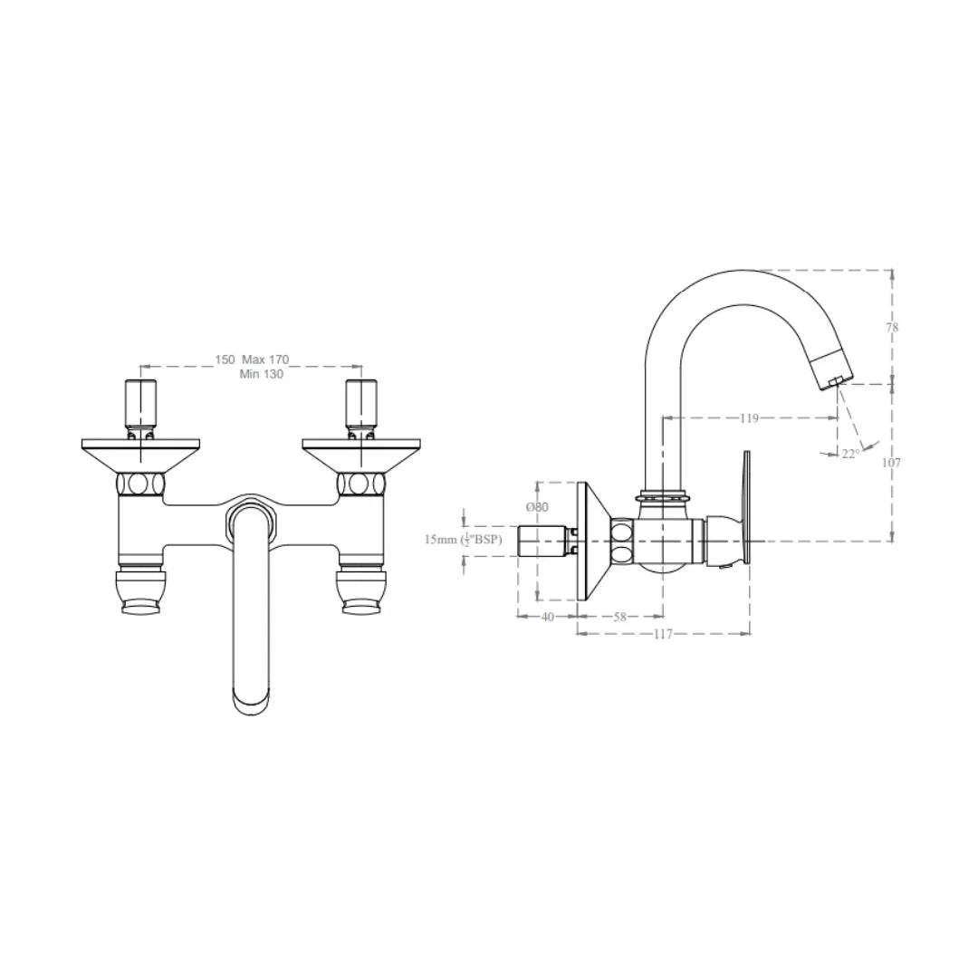 Cera Wall Mounted Regular Kitchen Sink Mixer Titanium F1003501 with Swinging Spout in Chrome Finish