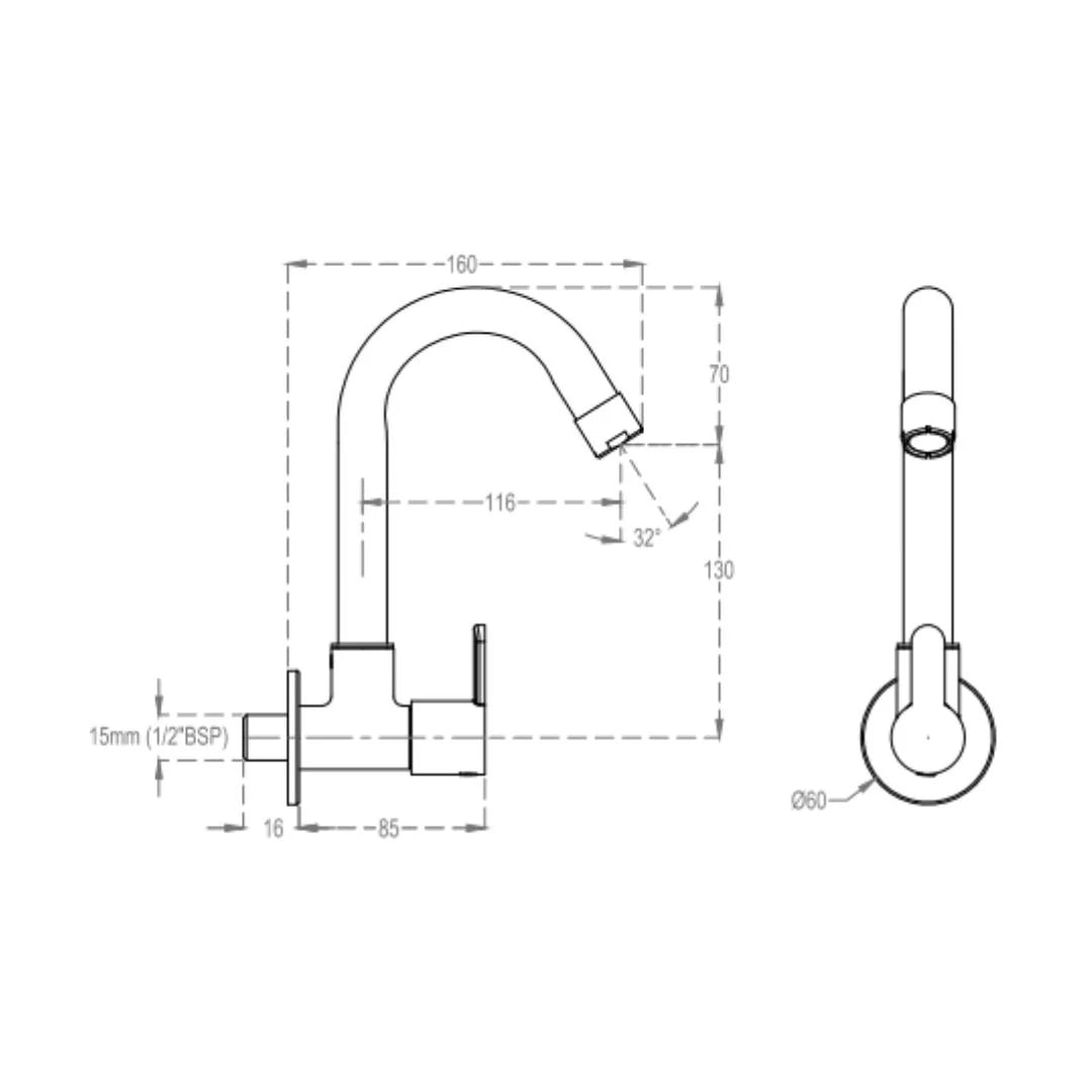 Cera Wall Mounted Regular Kitchen Sink Tap Victor F1015251 with Swinging Spout in Chrome Finish