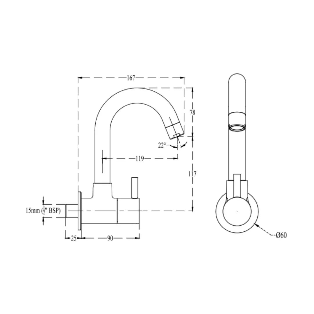 Cera Wall Mounted Regular Kitchen Sink Tap Fountain F2013251 with Swinging Spout in Chrome Finish