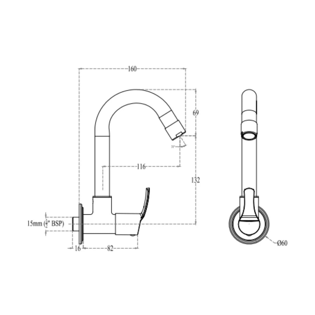 Cera Wall Mounted Regular Kitchen Sink Tap Vivana F2014261 with Swinging Spout in Chrome Finish