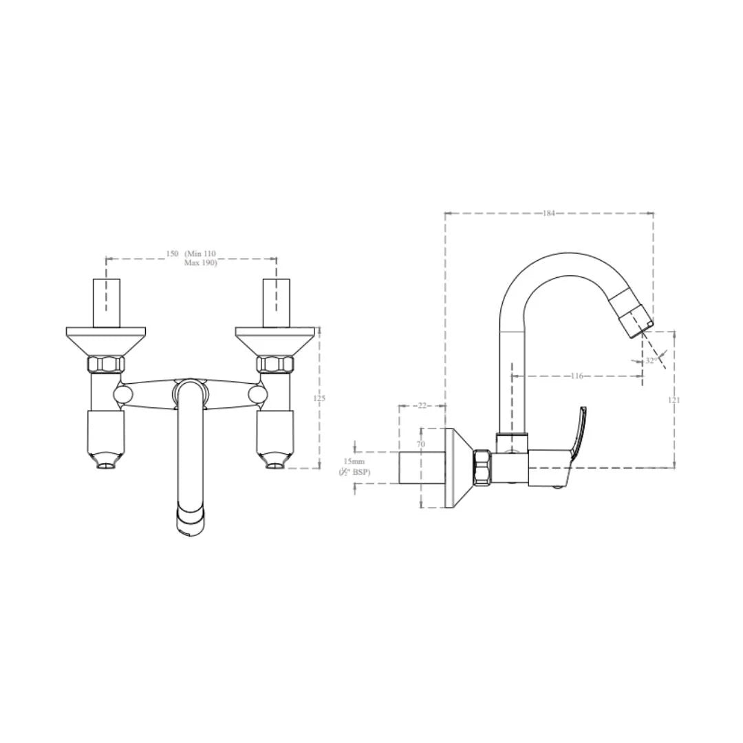 Cera Wall Mounted Regular Kitchen Sink Mixer Vivana F2014511 with Swinging Spout in Chrome Finish