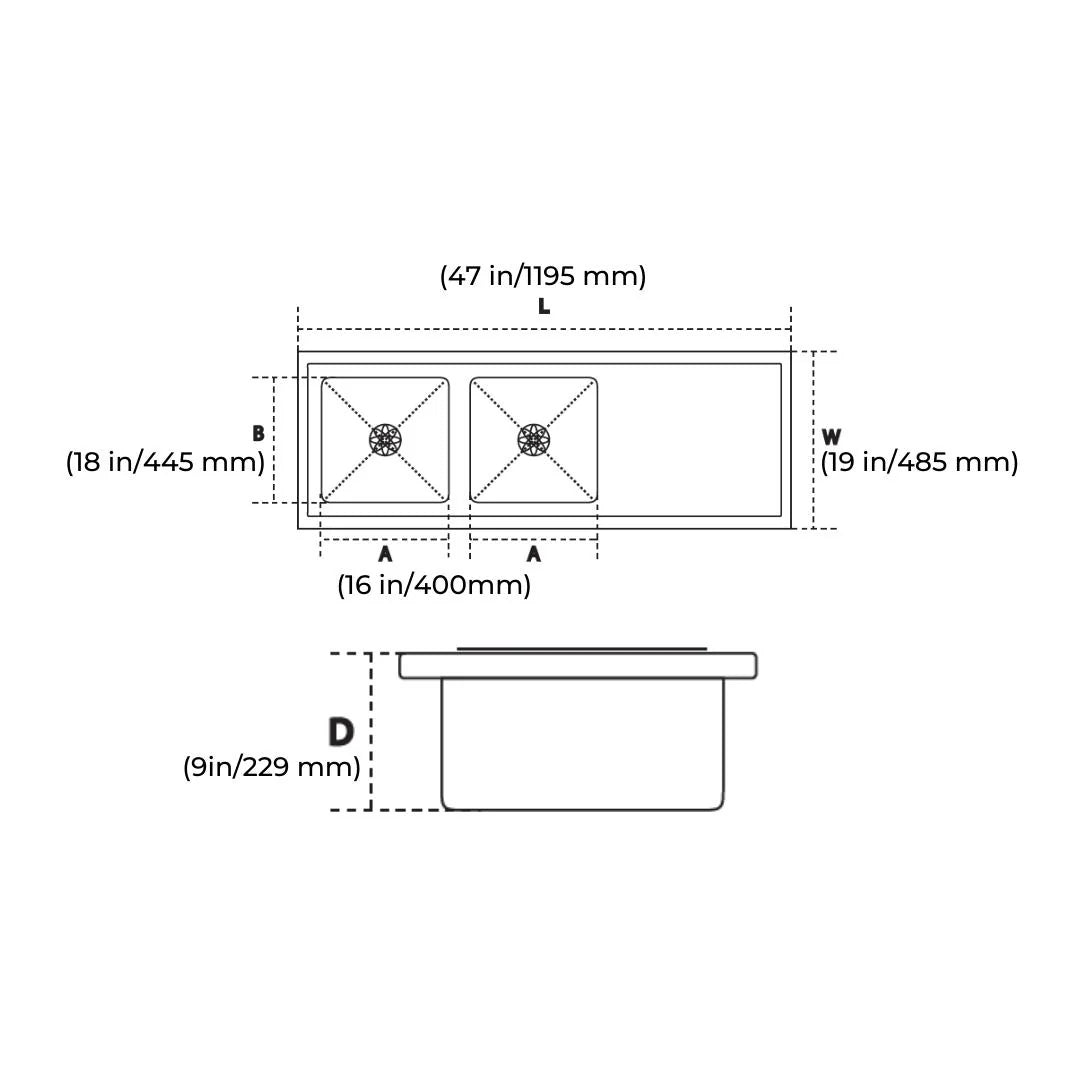 Hindware Stainless Steel Sink Handmade Series DOUBLE BOWL WITH DRAIN BOARD FEDERICO HM 47 x 19 ( 47 x 19 inches ) - Satin