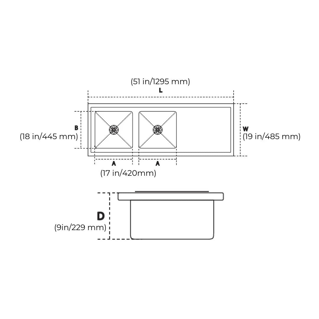 Hindware Stainless Steel Sink Handmade Series DOUBLE BOWL WITH DRAIN BOARD FEDERICO HM 51 x 19 ( 51 x 19 inches ) - Satin
