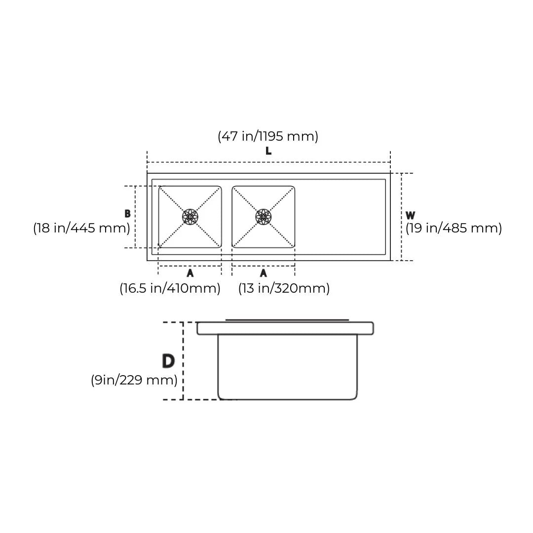 Hindware Stainless Steel Sink Handmade Series DOUBLE BOWL WITH DRAIN BOARD FEDERICO HM BS 47 x 19 ( 47 x 19 inches ) - Satin