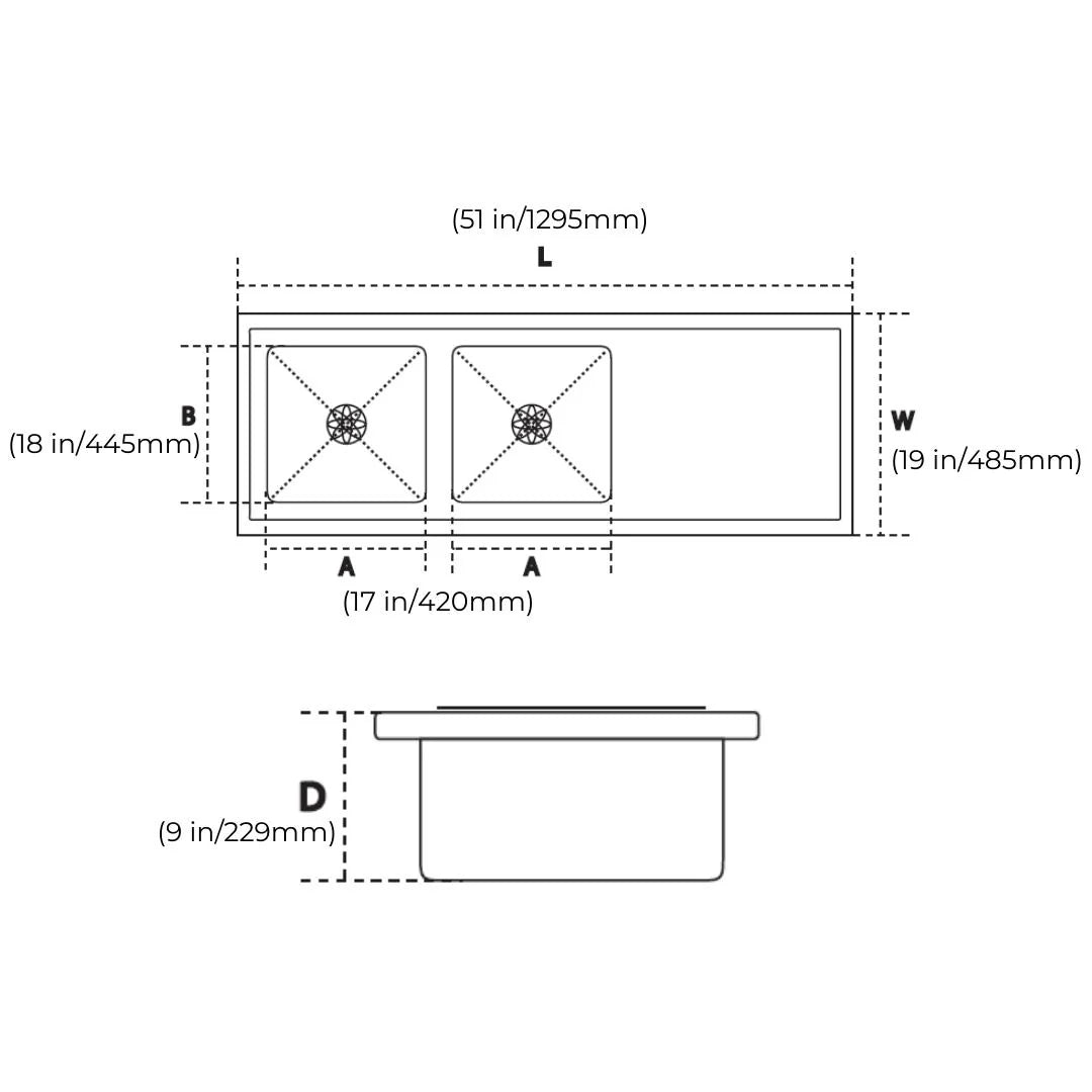 Hindware Stainless Steel Sink Handmade Series DOUBLE BOWL WITH DRAIN BOARD FEDERICO NEO 51 x 19 ( 51 x 19 inches ) - Satin
