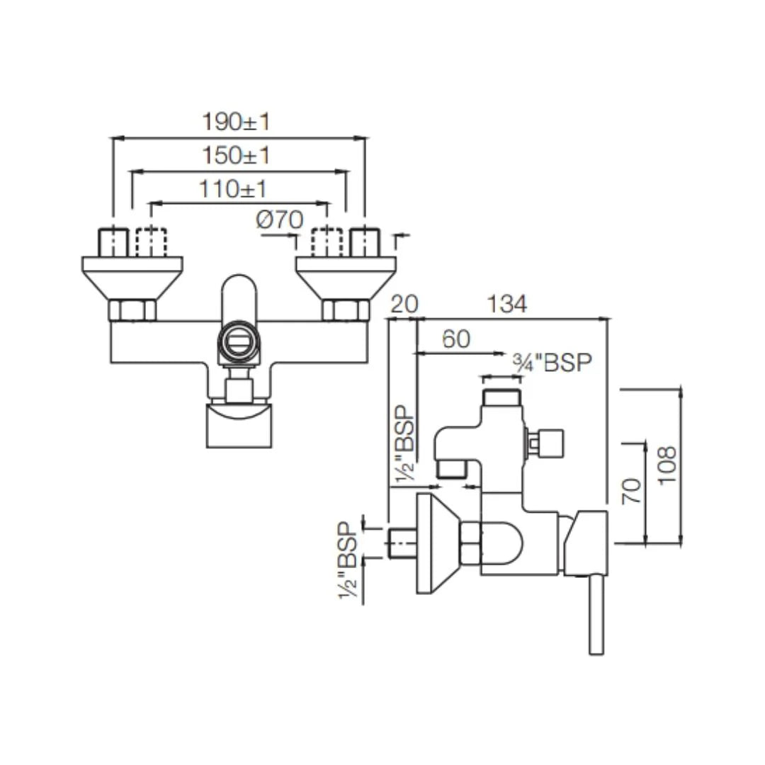 Jaquar 2 Way Wall Mixer Florentine FLR-CHR-5145 Normal Flow - Chrome Finish